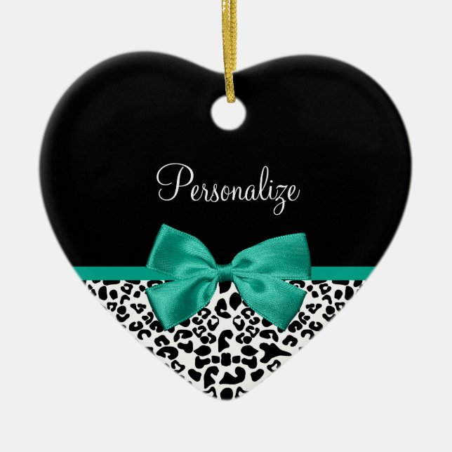 Leopard Print Emerald Green Ribbon Bow Chic Name Ceramic Ornament (Front)