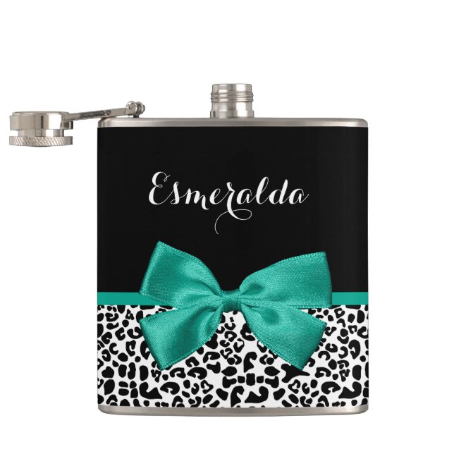 Leopard Print Emerald Green Ribbon Bow Chic Name Flask (Opened)