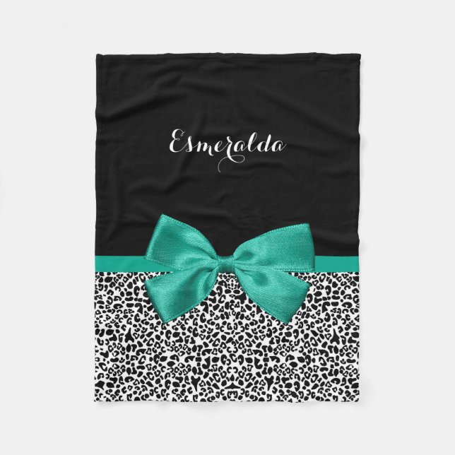 Leopard Print Emerald Green Ribbon Bow Chic Name Fleece Blanket (Front)