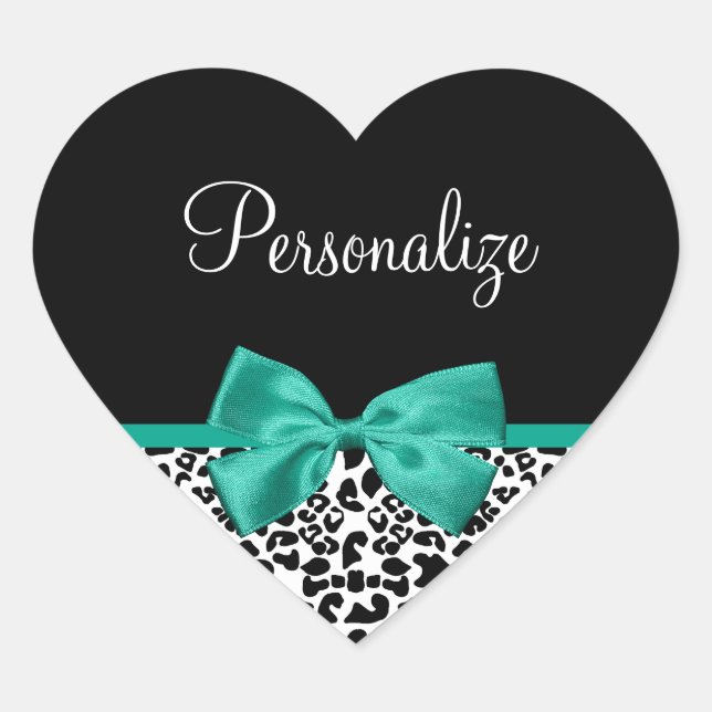 Leopard Print Emerald Green Ribbon Bow Chic Name Heart Sticker (Front)