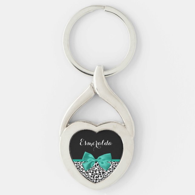 Leopard Print Emerald Green Ribbon Bow Chic Name Keychain (Front)