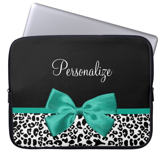 Leopard Print Emerald Green Ribbon Bow Chic Name Laptop Sleeve (Front)