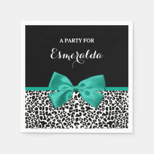 Leopard Print Emerald Green Ribbon Bow Chic Name Napkins