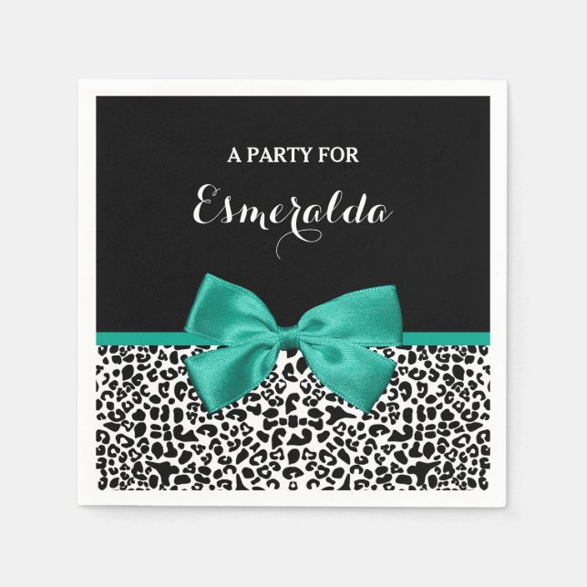 Leopard Print Emerald Green Ribbon Bow Chic Name Napkins (Front)