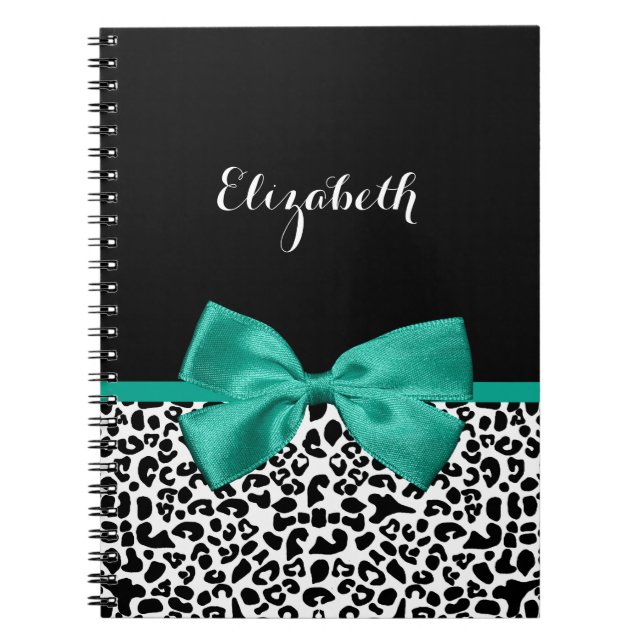 Leopard Print Emerald Green Ribbon Bow Chic Name Notebook (Front)