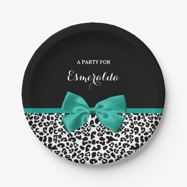 Leopard Print Emerald Green Ribbon Bow Chic Name Paper Plates (Front)