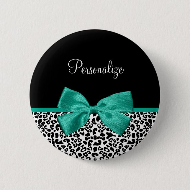 Leopard Print Emerald Green Ribbon Bow Chic Name Pinback Button (Front)