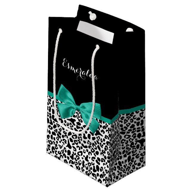 Leopard Print Emerald Green Ribbon Bow Chic Name Small Gift Bag (Front Angled)