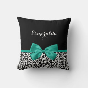 Leopard Print Emerald Green Ribbon Bow Chic Name Throw Pillow