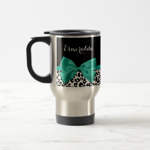 Leopard Print Emerald Green Ribbon Bow Chic Name Travel Mug