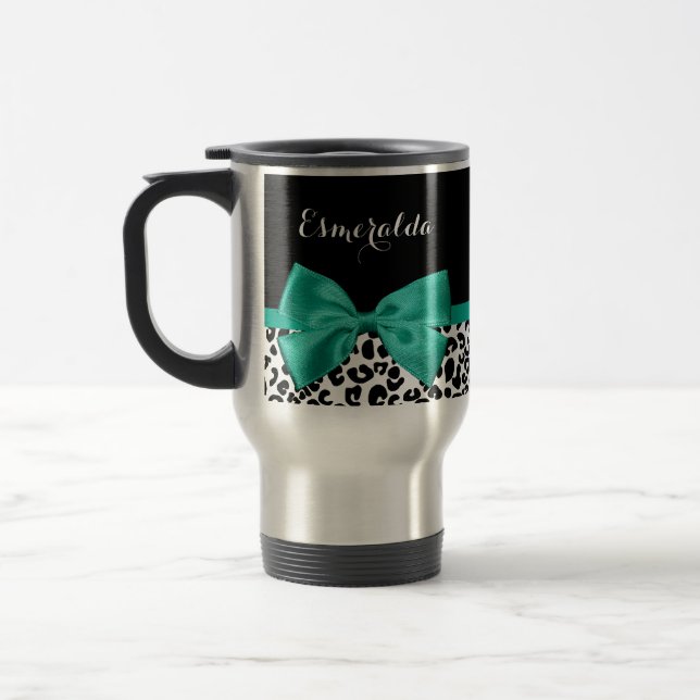 Leopard Print Emerald Green Ribbon Bow Chic Name Travel Mug (Left)