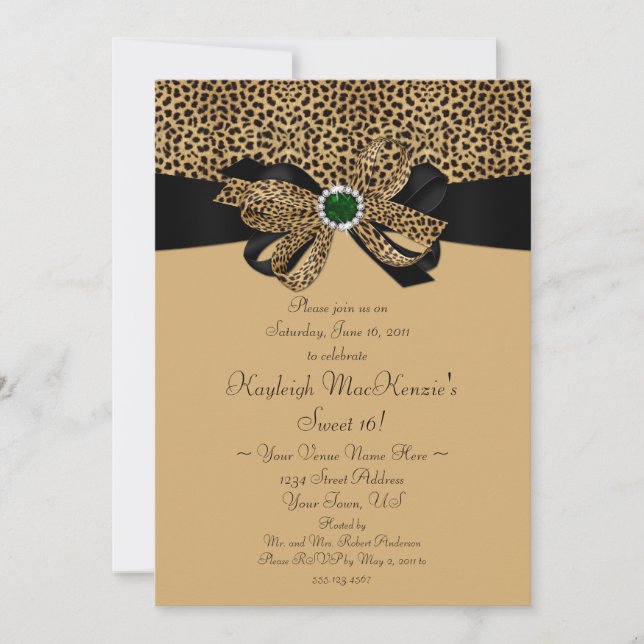 Leopard Print FAUX Emeralds Diamonds Sweet 16 Invi Invitation (Front)