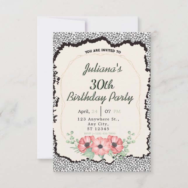 leopard print floral birthday invitation (Front)