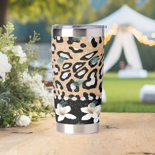 Leopard Print Floral White Magnolia Insulated Tumbler (Wedding)