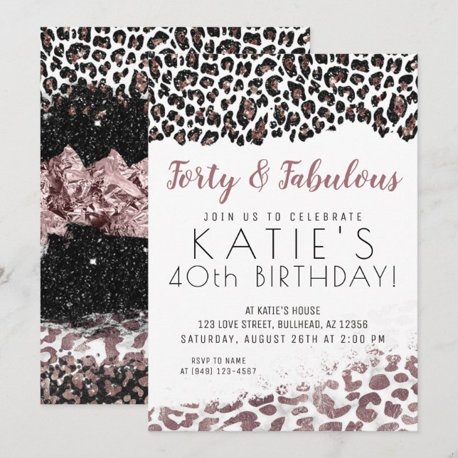 Leopard Print Forty & Fabulous Rose Gold Birthday Invitation (Front/Back)
