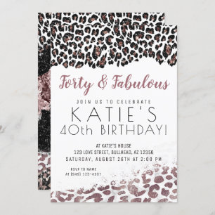 Leopard Print Forty & Fabulous Rose Gold Birthday Invitation