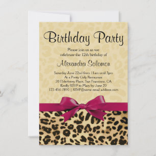 Leopard Print Fuchsia Pink Bow Girl Birthday Party Invitation