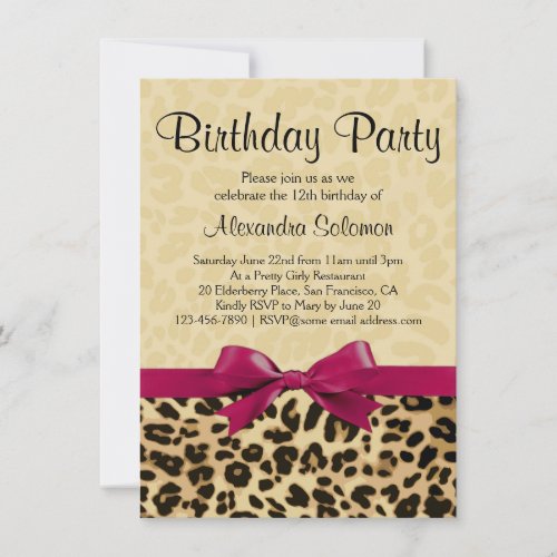 Leopard Print Fuchsia Pink Bow Girl Birthday Party Invitation