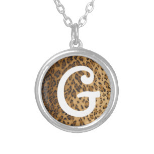 Leopard Print G monogram initials Silver Plated Necklace