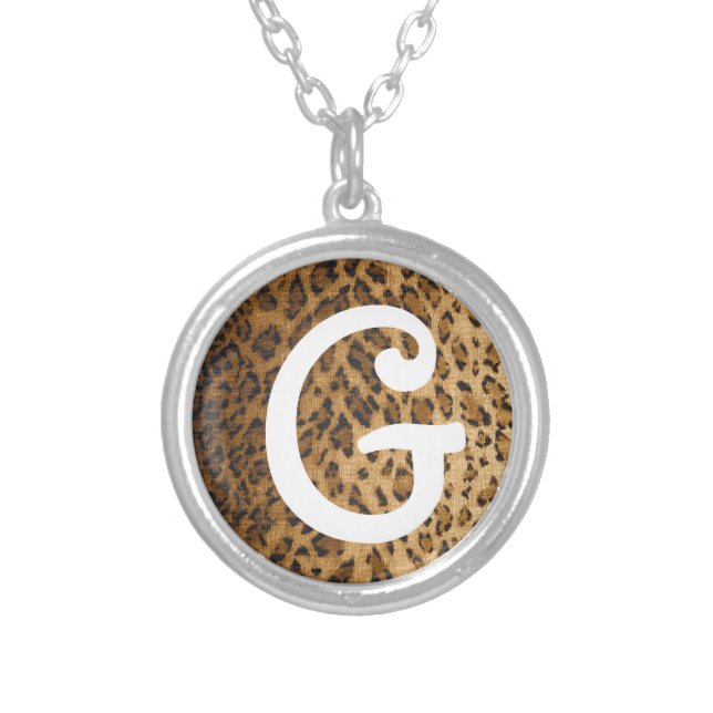 Leopard Print G monogram initials Silver Plated Necklace (Front)