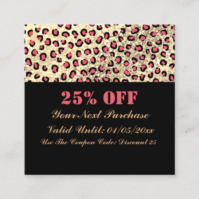 Leopard Print Glitter Black QR Code Discount Card (Front)