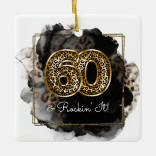 Leopard Print Gold 60 & Rockin' It Birthday Photo  Ceramic Ornament