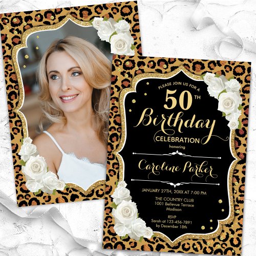 Leopard Print Gold Black Photo 50th Birthday Invitation