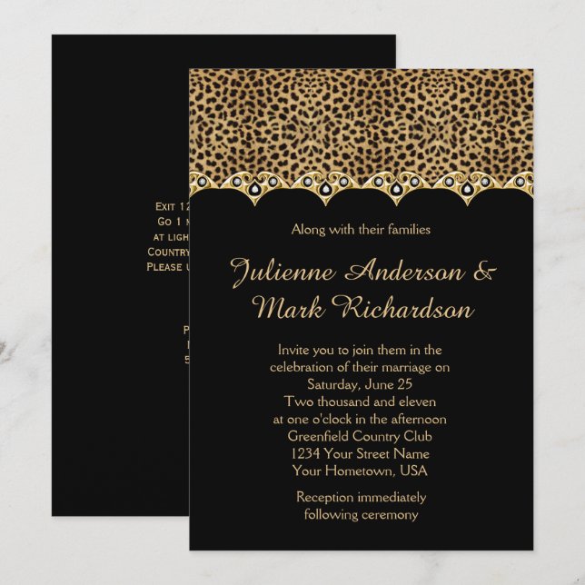 Leopard Print Gold Diamonds Bling Wedding Invitation (Front/Back)