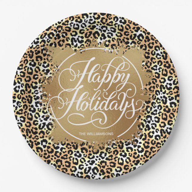 Leopard Print Gold Faux Foil Holidays Paper Plates (Front)