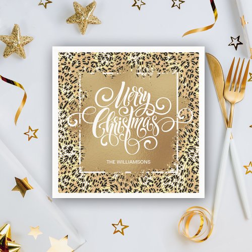 Leopard Print Gold Faux Foil Merry Christmas Napkins