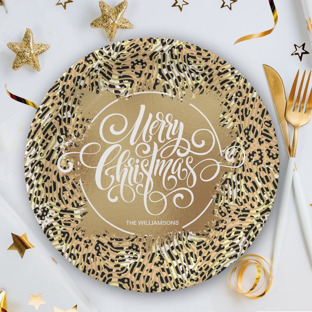 Leopard Print Gold Faux Foil Merry Christmas Paper Plates (Creator Uploaded)