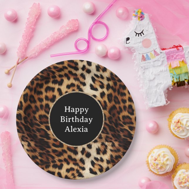 Leopard Print Gold Glitter Sparkle Frame Birthday  Paper Plates (Party)