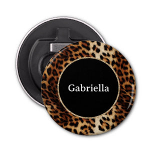 Leopard Print Gold Glitter Sparkle Frame Bottle Opener