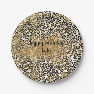 Leopard Print Gold Glitter Sparkle Paper Plates