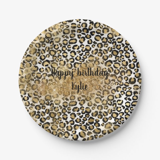 Leopard Print Gold Glitter Sparkle Paper Plates (Front)