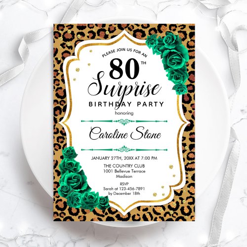 Leopard Print Gold Green Surprise 80th Birthday Invitation