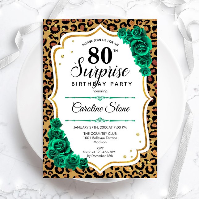 Leopard Print Gold Green Surprise 80th Birthday Invitation (Creator Uploaded)