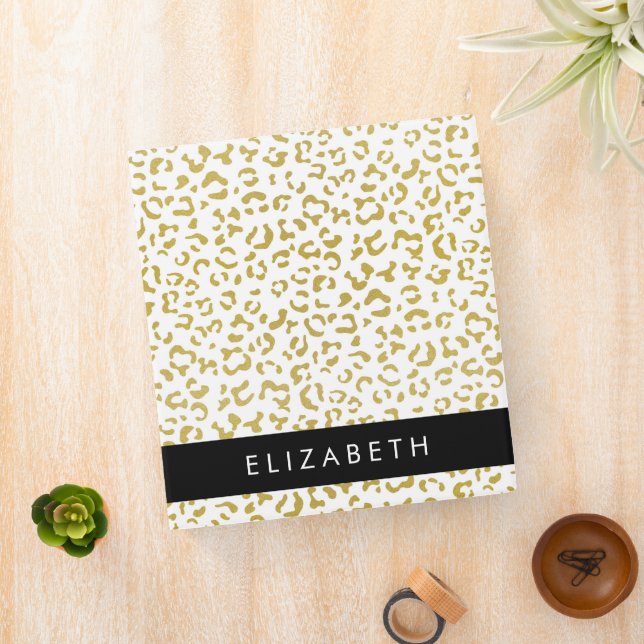 Leopard Print, Gold Leopard, Glitter, Your Name 3 Ring Binder (In Situ)