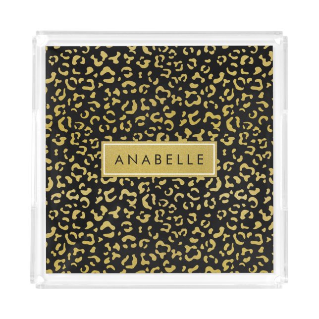 Leopard Print, Gold Leopard, Glitter, Your Name Acrylic Tray (Front)