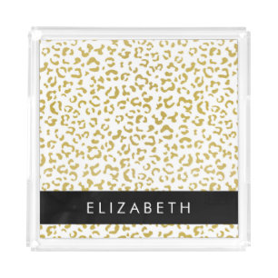 Leopard Print, Gold Leopard, Glitter, Your Name Acrylic Tray
