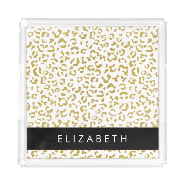 Leopard Print, Gold Leopard, Glitter, Your Name Acrylic Tray (Front)