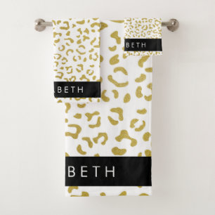 Leopard Print, Gold Leopard, Glitter, Your Name Bath Towel Set