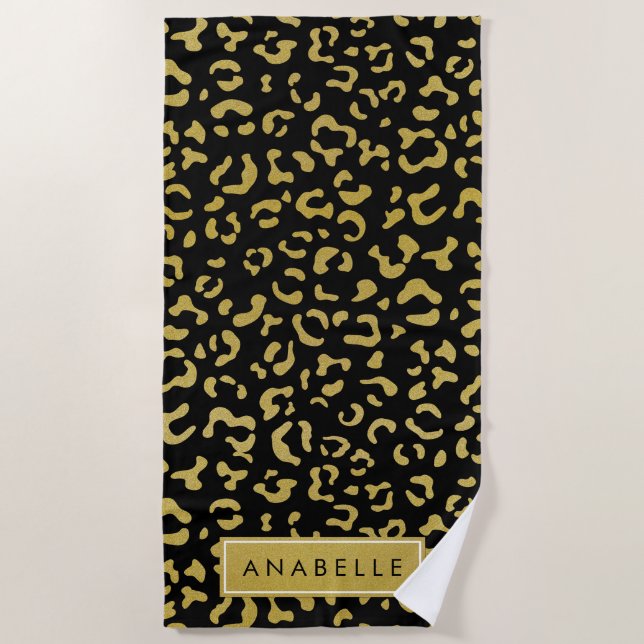 Leopard Print, Gold Leopard, Glitter, Your Name Beach Towel (Front)