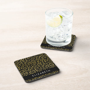Leopard Print, Gold Leopard, Glitter, Your Name Beverage Coaster