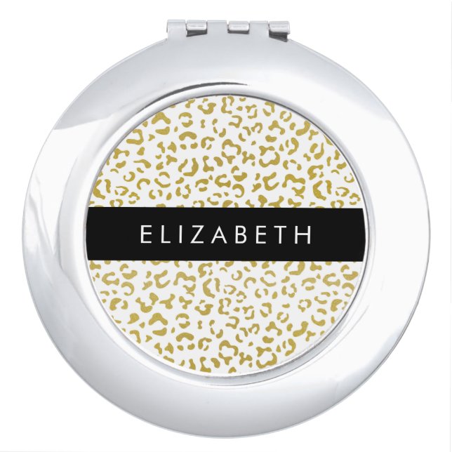 Leopard Print, Gold Leopard, Glitter, Your Name Compact Mirror (Front)