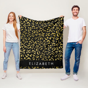 Leopard Print, Gold Leopard, Glitter, Your Name Fleece Blanket