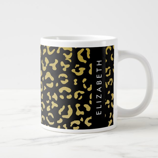 Leopard Print, Gold Leopard, Glitter, Your Name Giant Coffee Mug (Right)