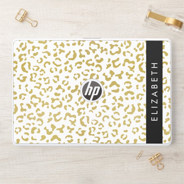 Leopard Print, Gold Leopard, Glitter, Your Name HP Laptop Skin (Desk)