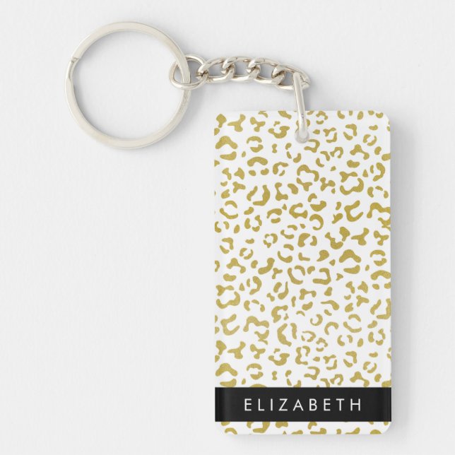 Leopard Print, Gold Leopard, Glitter, Your Name Keychain (Front)