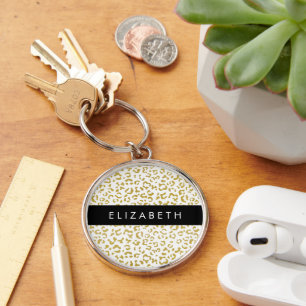Leopard Print, Gold Leopard, Glitter, Your Name Keychain